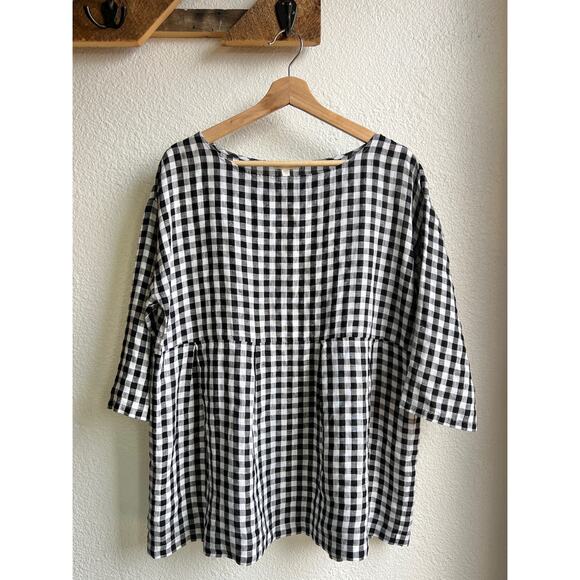 SOLD Eileen Fisher Linen Gingham 3/4 Sleeve Blouse - Picture 4 of 8